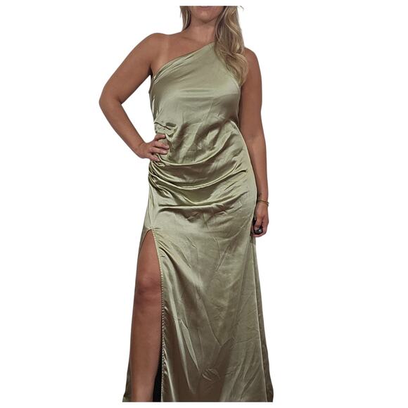 Pretty Lavish Light Green Silky One Shoulder Bridesmaid Dress - Picture 5 of 13